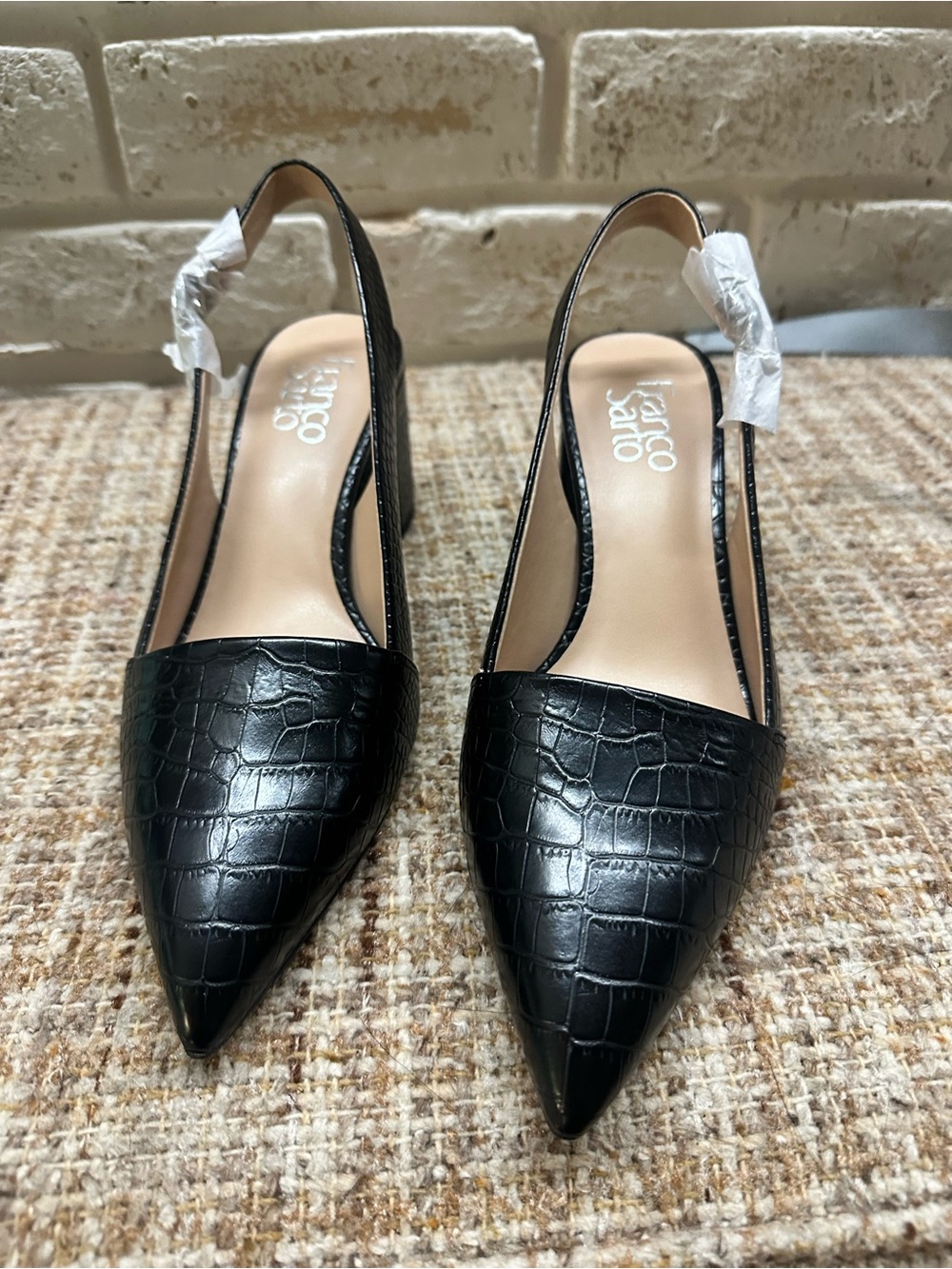 Franco Sarto Black Croc-Embossed Slingback Pointed Toe Flats